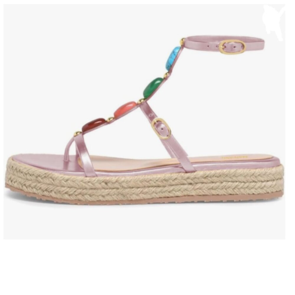 Maiyang Pale Pink Charming Jewelled T-Strap Espadrille Platform Open Toe Sandals